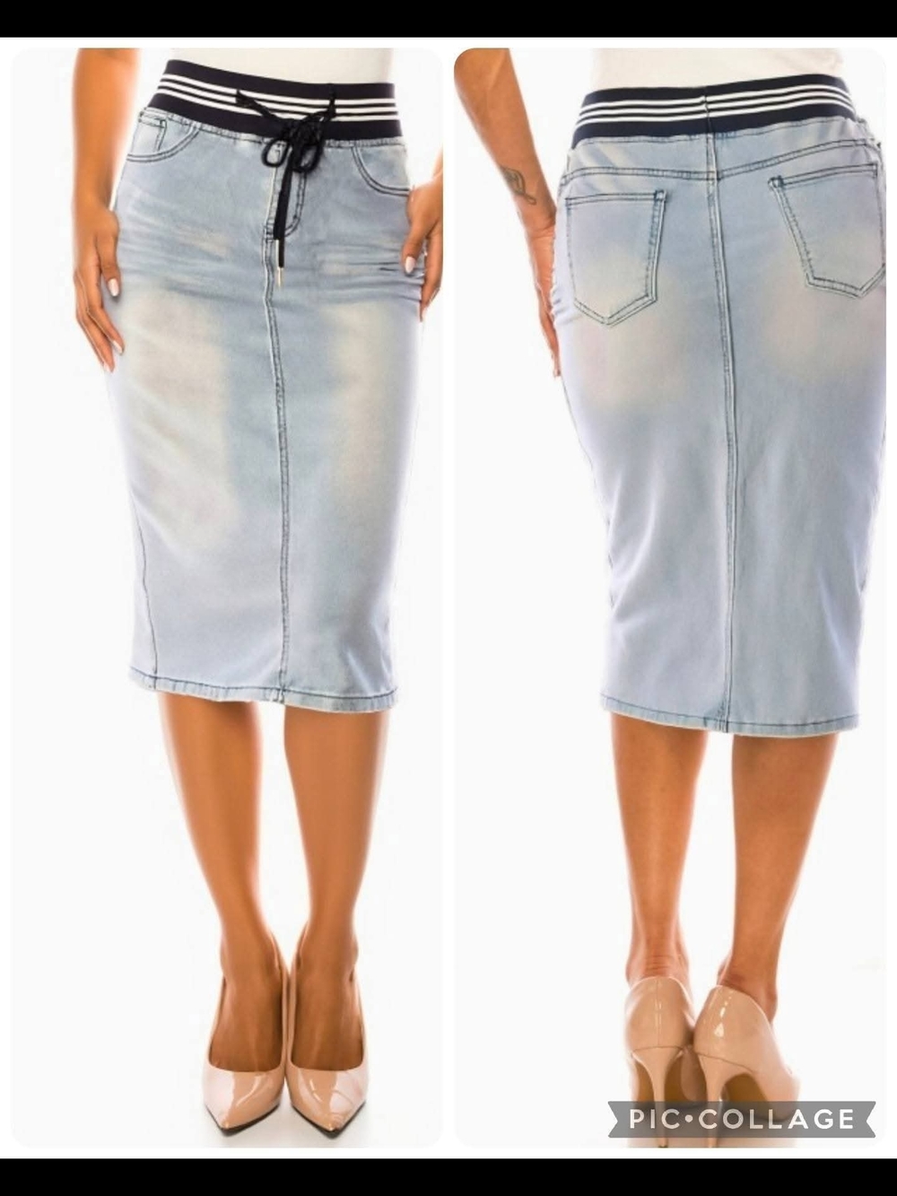 Light Blue Denim Pencil Skirt with Striped Elastic Waist